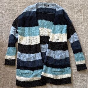 Carlie B Striped Knit Cardigan - Blue, Black, Cream